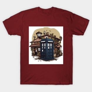 Illustration of blue tardis in Japan on white background T-Shirt